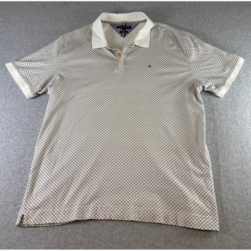 Tommy Hilfiger Men's 2XL White NAVY/RED Geometric Diamond Grid Golf Polo Shirt